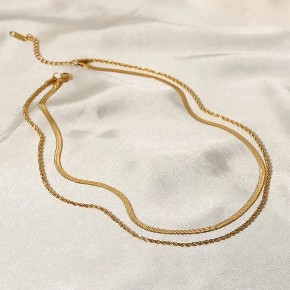 18k Gold Snake Chain & Rope Chain Layered Necklace Minimalist Layer Necklace - Picture 4 of 6